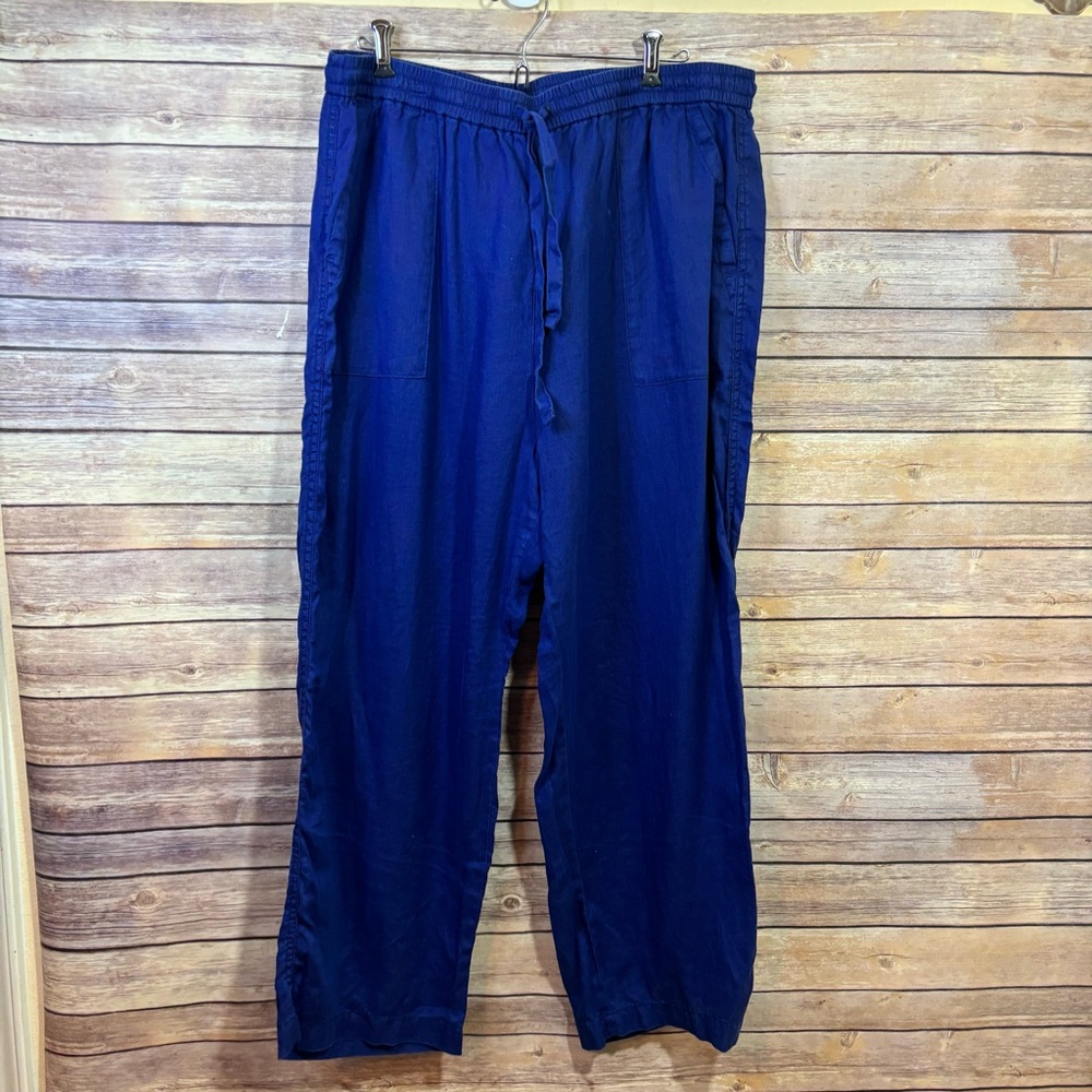 BR Navy Blue Linen Wide leg Comfortable Relaxed Casual Pants Women Drawstring XL